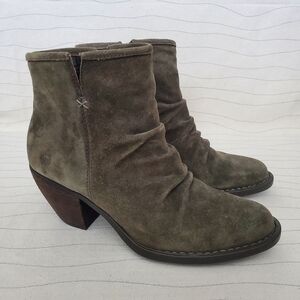 Born Womens Aire Slouch Ankle Bootie Olive Green Leather Side Zip Heels Size 8.5